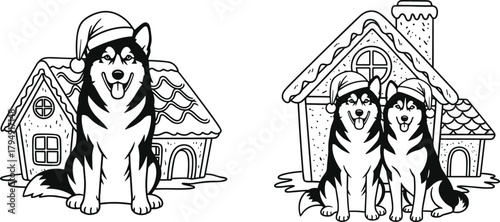 husky dogs wearing Santa hats sitting in front of Christmas gingerbread houses winter holiday illustration perfect for festive coloring pages seasonal artwork
