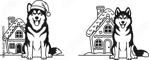 husky dog sitting in front of Christmas gingerbread house festive winter illustration perfect for holiday cards coloring pages decorations and seasonal artwork