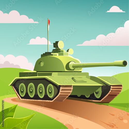 Military tank on a muddy road