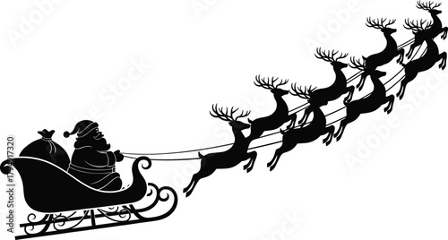 Silhouette Santa Claus flying in sleigh with reindeer team carrying gift bag perfect for Christmas holiday decorations winter artwork and festive designs