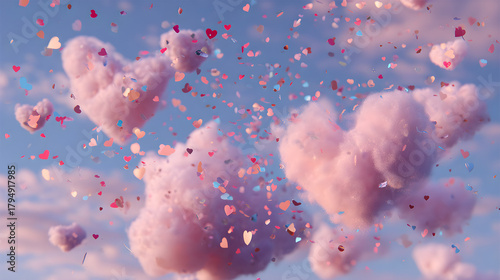 Cotton candy clouds with heart shapes and scattered confetti