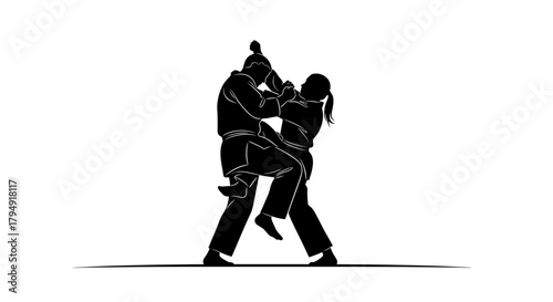 Two martial artists engaged in a grappling hold during a training session.