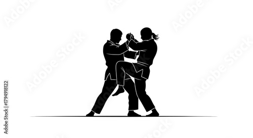 Two martial artists engaged in combat, showcasing dynamic self-defense techniques.
