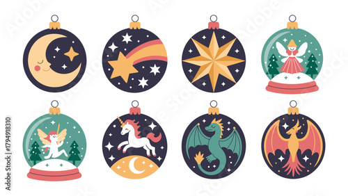 Ornamental Dreamscape: A captivating collection of festive ornaments, each showcasing a unique, whimsical design – a celestial moon, a shooting star, a radiant star, a mystical fairy.