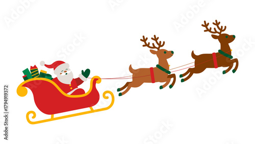 Santa's Christmas Journey: A festive illustration of Santa Claus joyfully piloting his sleigh, laden with gifts, pulled by spirited reindeer through a winter wonderland.