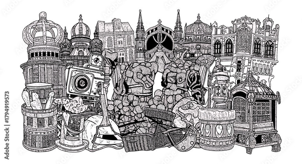 Obraz premium Intricate Hand-Drawn Chess Pieces and Architectural Elements Illustration.