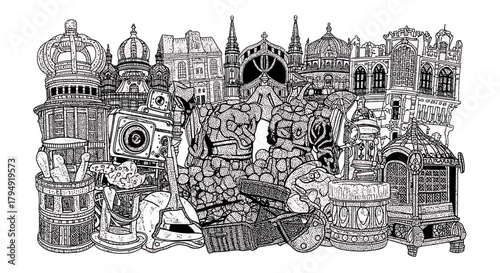 Intricate Hand-Drawn Chess Pieces and Architectural Elements Illustration.