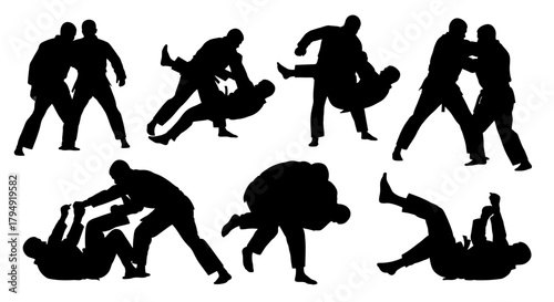 Dynamic Silhouettes of Judo and Martial Arts Fighters in Action.