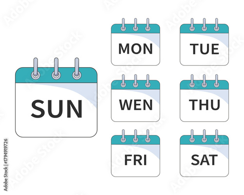 Seven weekday calendar icons. Sunday, monday, tuesday, wednesday, thursday, friday, saturday symbol.