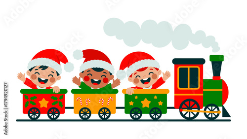 Joyful Christmas Express Ride: A whimsical illustration of children on a decorated train, dressed in festive attire and spreading holiday cheer.