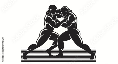 Two male wrestlers grappling in a dynamic black and white illustration.