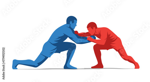 Two wrestlers in a grappling stance, one blue and one red, engaged in a competitive match.