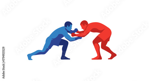 Two wrestlers in a grappling stance, ready for a match, showcasing strength and competition.