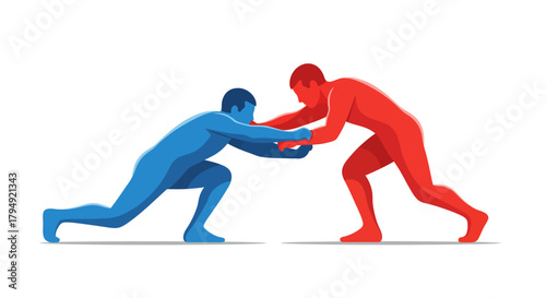 Two wrestlers in a grappling stance, ready for competition.