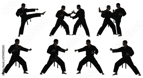 Dynamic Martial Arts Silhouettes in Various Poses.
