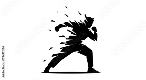 Dynamic Silhouette of a Running Man Disintegrating into Abstract Shapes.