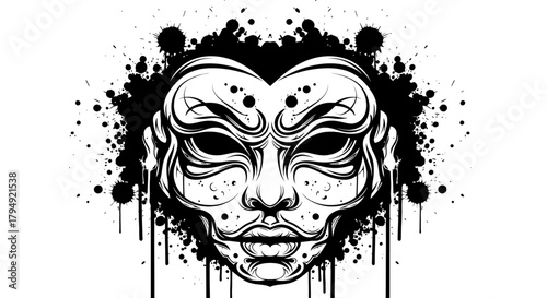 Intricate Black and White Mask with Ink Splatter Design.