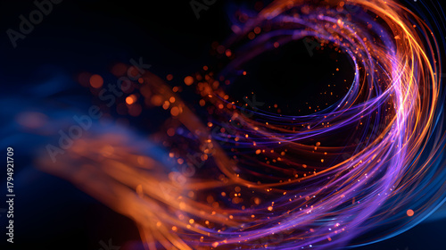 Energetic Swirl of Glowing Particles in Blue, Orange, and Purple