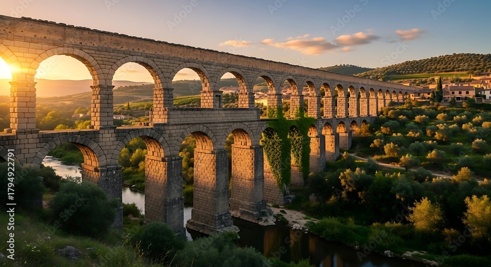 Obraz premium Roman Aqueduct of Segovia at Sunset - A Timeless Architectural Marvel.