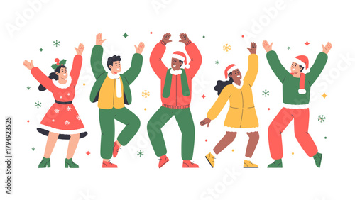 Festive Cheer and Movement: A dynamic group, adorned in seasonal attire, joyfully moves in synchronized dance, embracing the spirit of merriment.