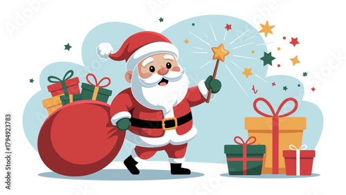 Santa's Festive Magic: Santa Claus, the jolly icon of Christmas, is captured mid-stride, carrying a large sack of gifts. He conjures a sparkling wand amid wrapped presents and stars.