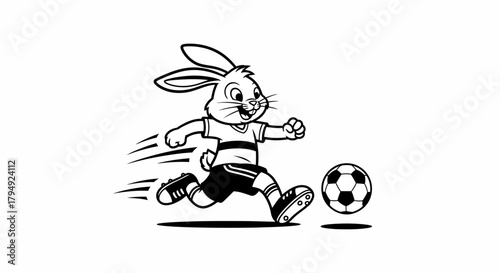 Dynamic black and white cartoon illustration of a rabbit playing soccer enthusiastically