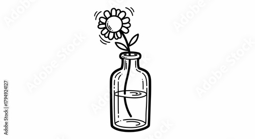 Delicate monochrome doodle of a flower in a bottle symbolizing simple beauty and purity
