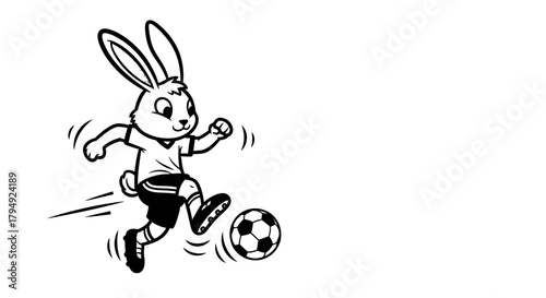 Dynamic depiction of a sporty rabbit athlete kicking soccer ball with energy and flair