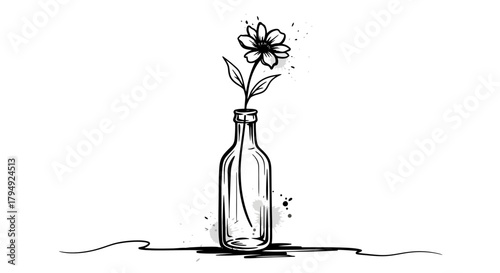 Elegant floral sketch: Simple flower in a bottle with artistic ink splashes design