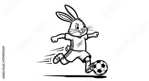 Cartoon rabbit soccer player in action, running and kicking the ball illustration