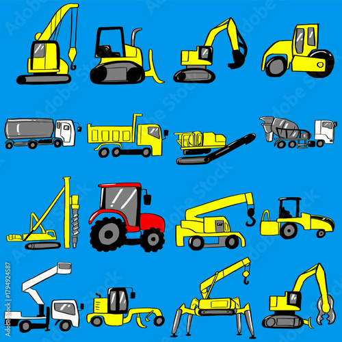 様々な重機のシンプルなイラストセット