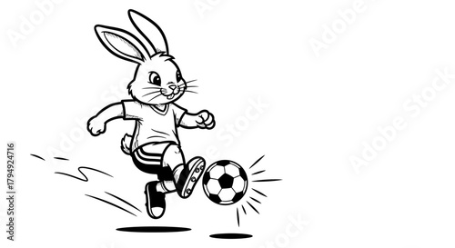 Dynamic monochrome illustration of a determined rabbit playing soccer with passion and intensity