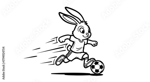 Dynamic black and white cartoon illustration of a rabbit playing soccer with speed lines