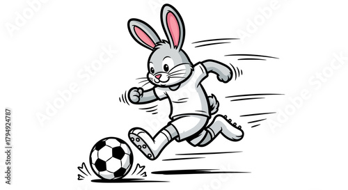 Dynamic illustration of a cartoon rabbit passionately playing soccer with a focused demeanor on