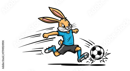 Energetic rabbit cartoon character dribbling soccer ball with speed lines illustration