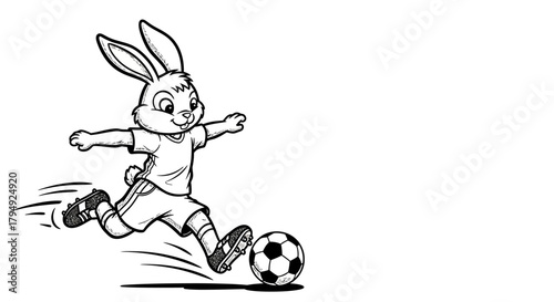 Energetic hare bursts forward ready to punt soccerball wearing jersey and cleats with focused