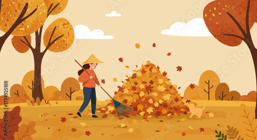 Autumn Illustration of Girl Raking Leaves with Cute Dog in Fall Forest Scene
