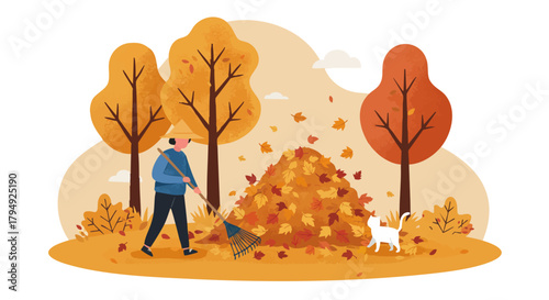 Autumn Illustration of Person Raking Leaves with Cat in Fall Forest Scene