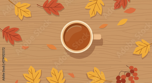 Autumn Coffee Cup on Wooden Table with Fall Leaves