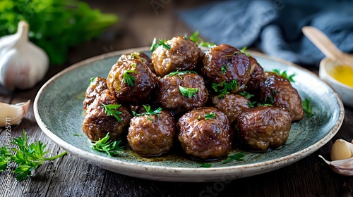 Fototapeta Naklejka Na Ścianę i Meble -  Homemade beef meatballs garnished with fresh herbs on rustic ceramic plate, served on wooden table with garlic and parsley in background.