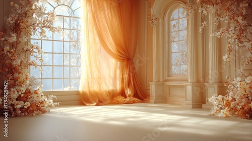 Elegant Room with Windows, Curtains, and Floral Decor