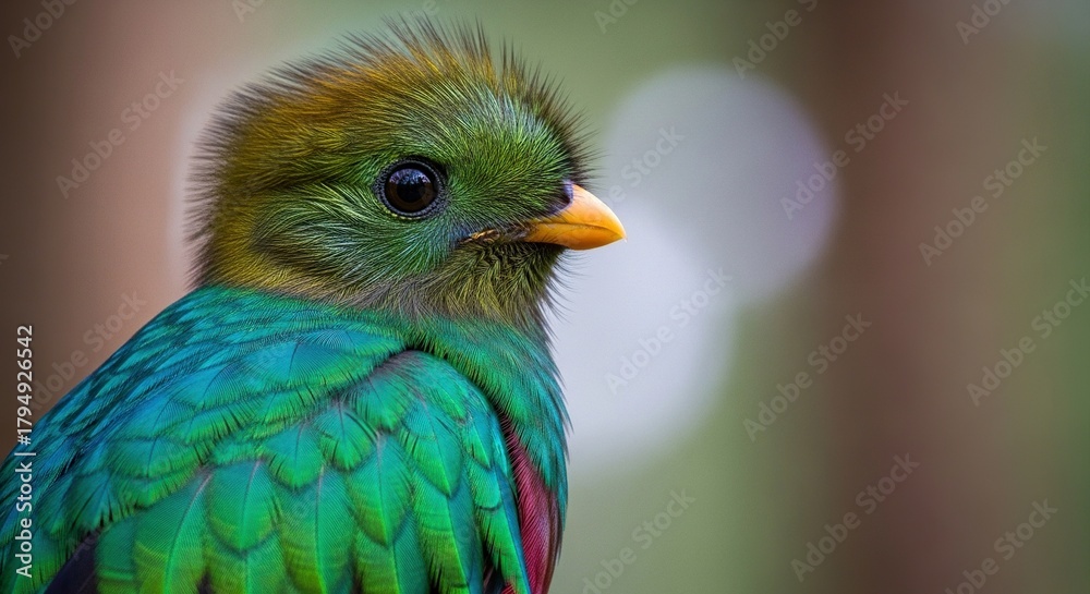 Fototapeta premium Close-up of a Golden-headed Quetzal, shimmering feathers, 600mm DOF, soft cinematic light