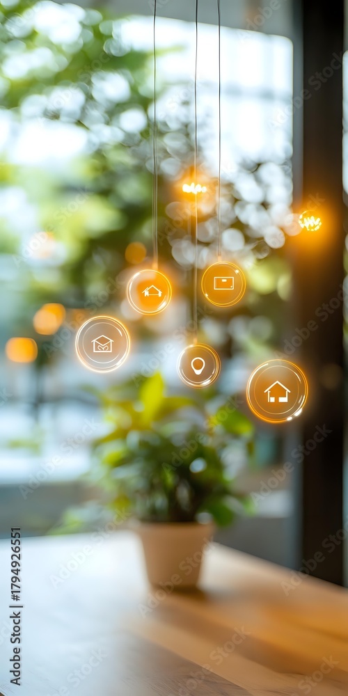 Fototapeta premium Glowing smart home icons suspended against blurred natural background with potted plant, representing connected living technology.