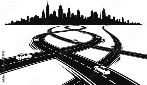 Black and white city skyline with intersecting roads and cars, city skyline, urban landscape, roads, highway, intersection, traffic, cars, vehicles, black and white, silhouette, graphic, illustration,