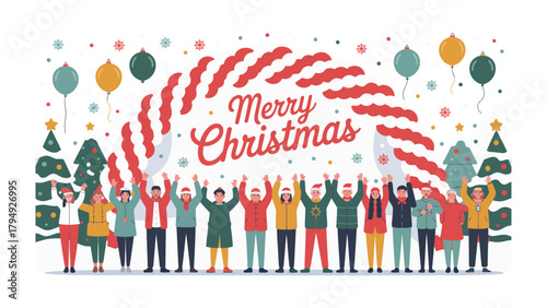 Holiday cheer for Christmas Celebration: joyful gathering, people with arms raised in unison, festive season, Christmas time. The scene encapsulates the joy of Christmas.