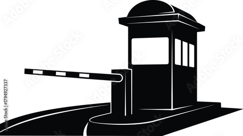 Black and white graphic of a security gate with barrier arm, security gate, barrier, gatehouse, checkpoint, entrance, access control, barrier arm, black and white, graphic, illustration, vector, contr