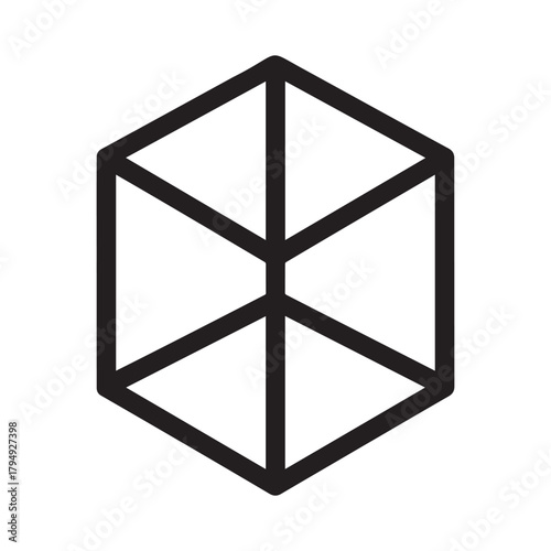 A black outline of a cube, a geometric shape, isolated on a