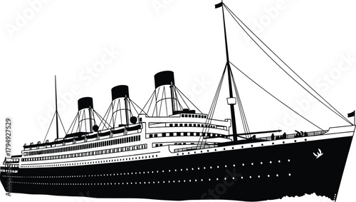 Black and white illustration of a large ocean liner, ocean liner, ship, boat, vessel, maritime, transport, travel, historical, vintage, classic, black and white, illustration, graphic, drawing, silhou