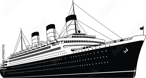 Black and white illustration of a large passenger ship, ship, passenger ship, ocean liner, cruise ship, vessel, boat, maritime, nautical, transportation, travel, sea, ocean, water, black and white, mo