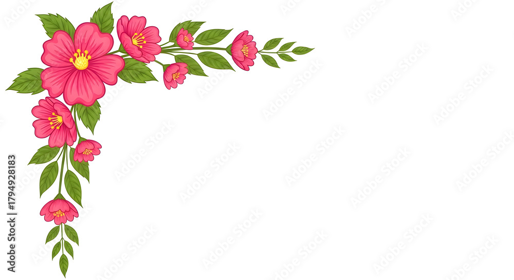 Obraz premium Pink flower corner with green leaves, decorative floral frame element, vector illustration isolated on white background. 